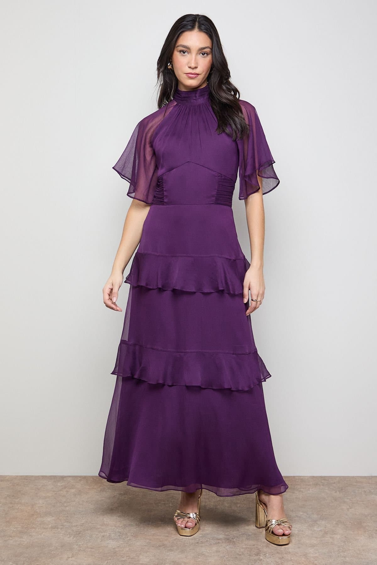 Oasis Oasis Women's Angel Sleeve Chiffon Frill Maxi Dress in Plum