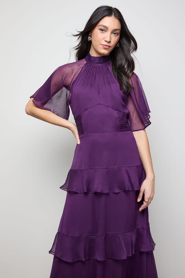 Oasis Oasis Women's Angel Sleeve Chiffon Frill Maxi Dress in Plum - 2