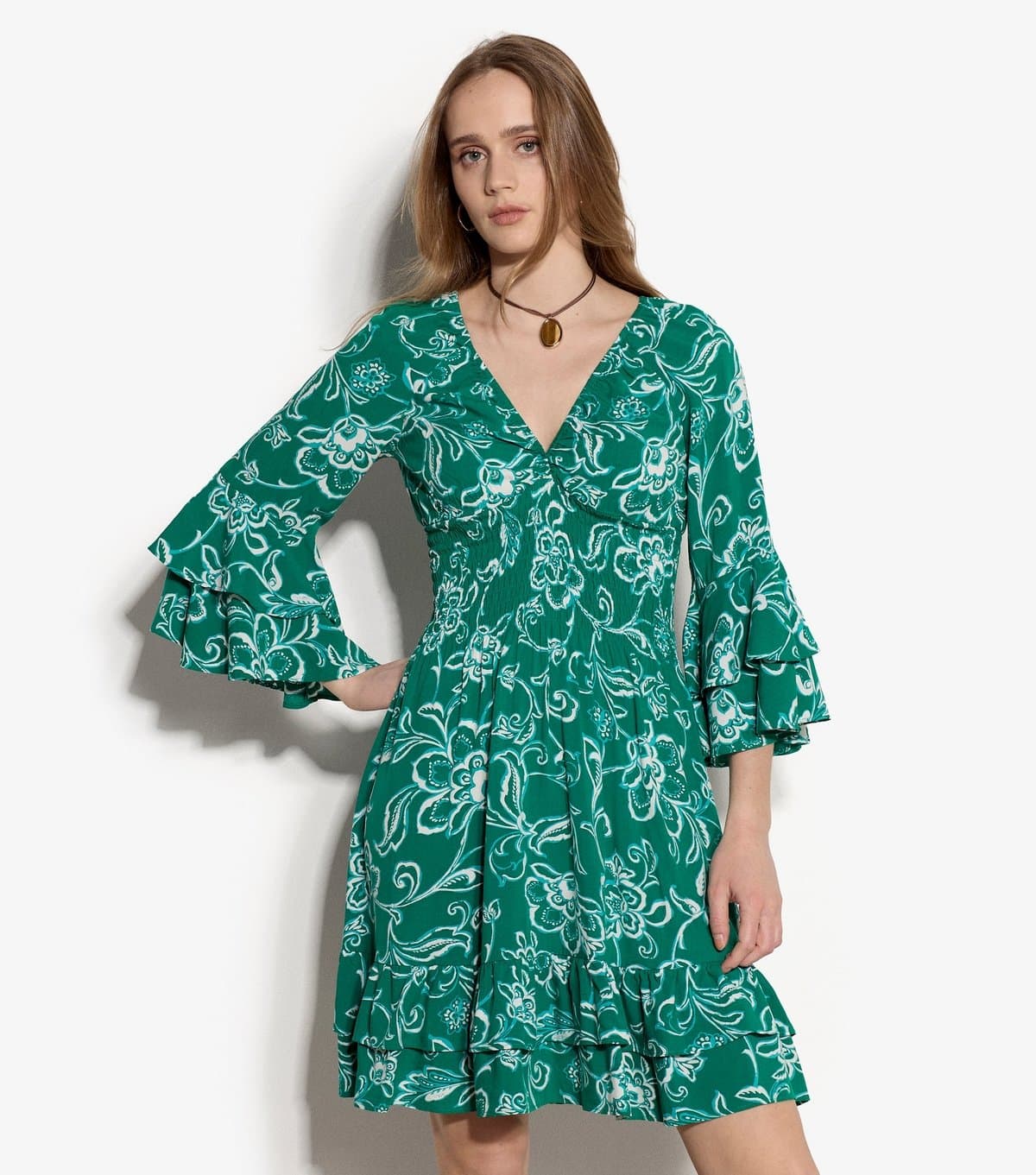 Apricot Women's Green Floral Print Smocked Ruffle Mini Dress Apricot New Look