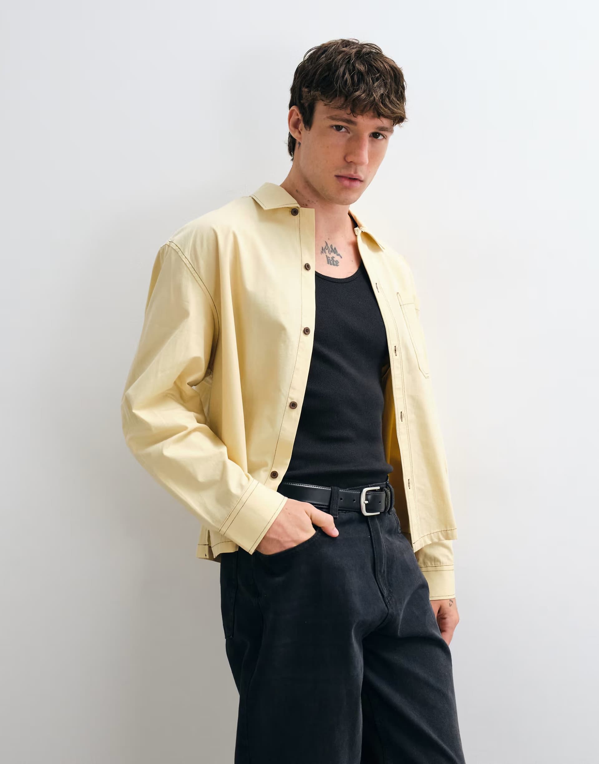 ASOS ASOS DESIGN boxy oversized shirt with chest badge in yellow