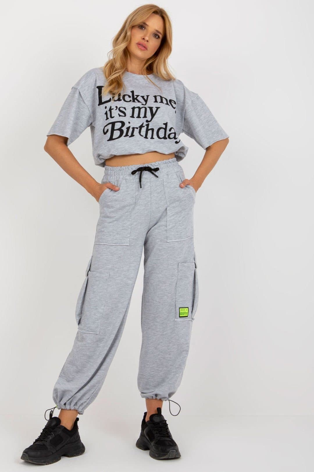Love Lace Love Lace Women's Short Sleeve Blouse Pants Set in Grey