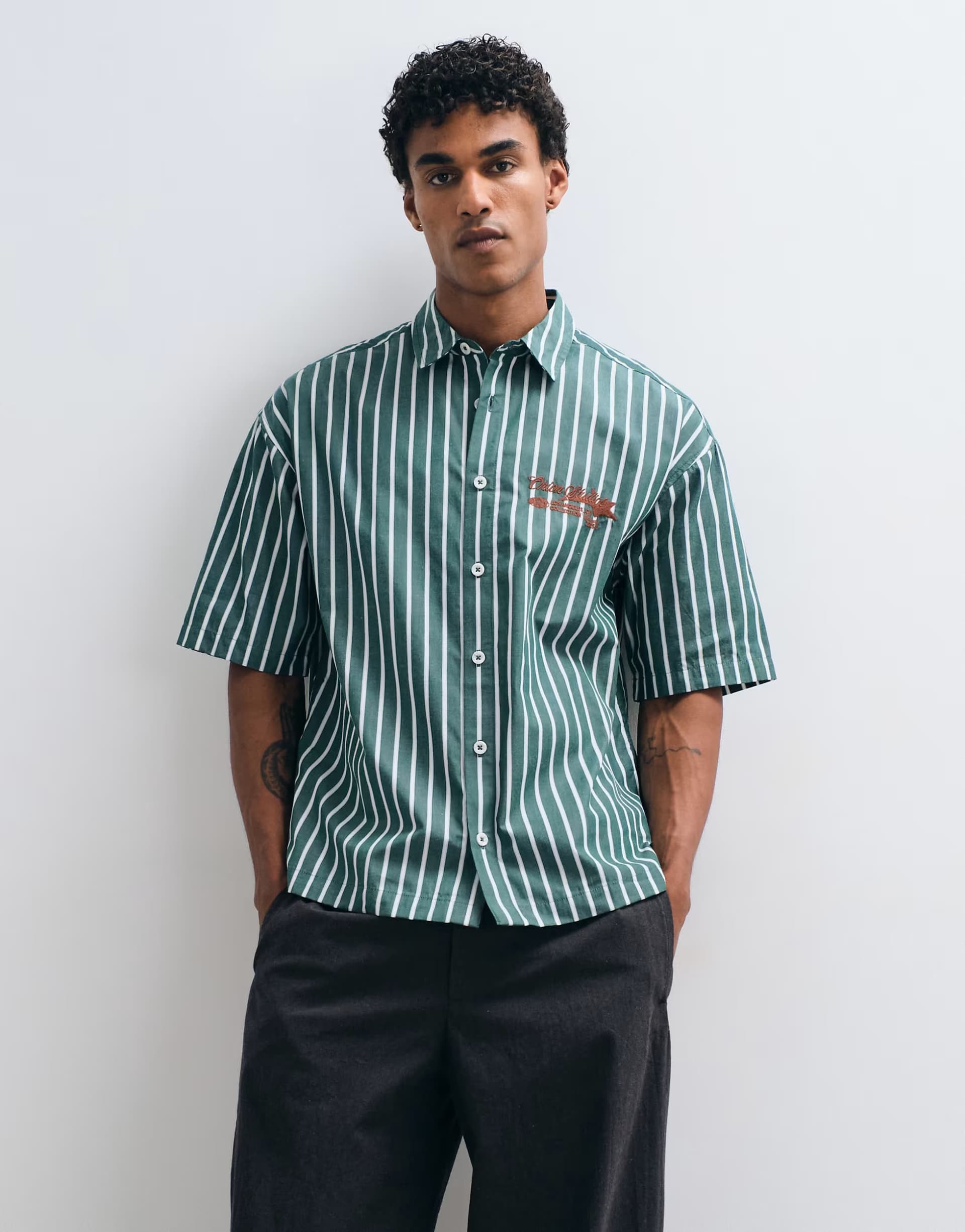 ASOS ASOS DESIGN boxy oversized stripe shirt with chest embroidery in green