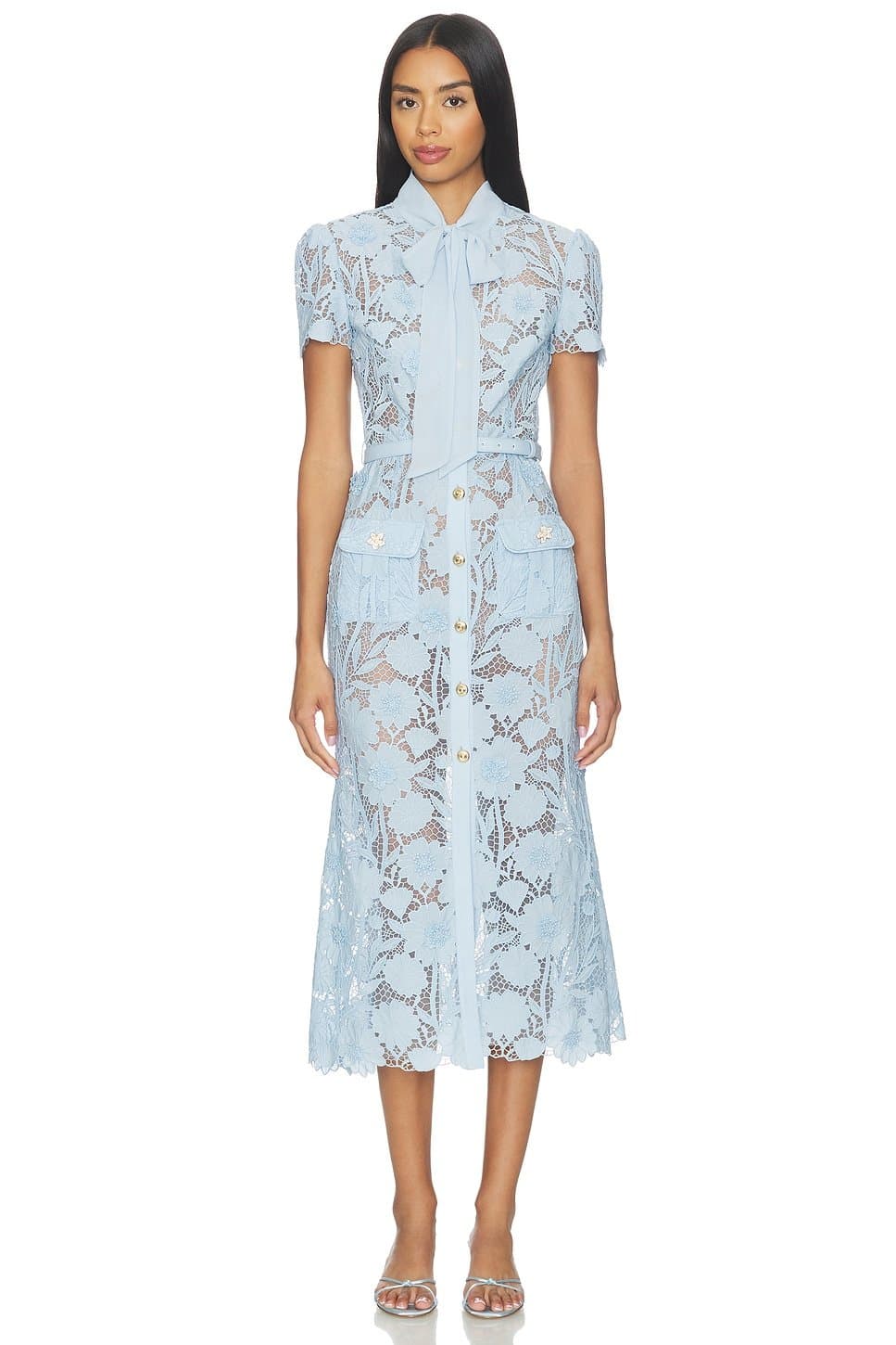 revolve Blue Lace Tie Neck Midi Dress