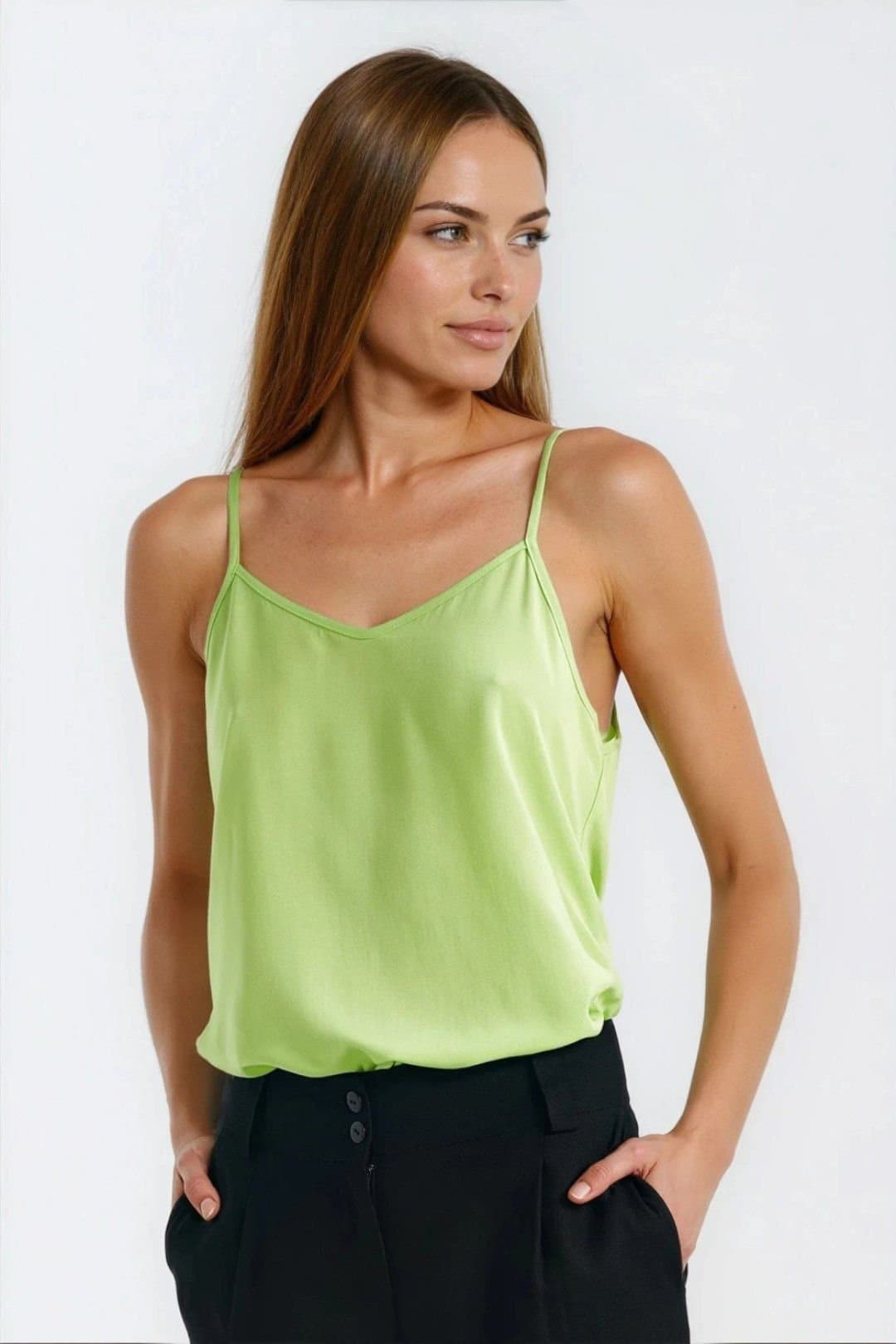 Love Lace Love Lace Women's Viscose Regular Fit V Neck Strap T-Shirt in Green