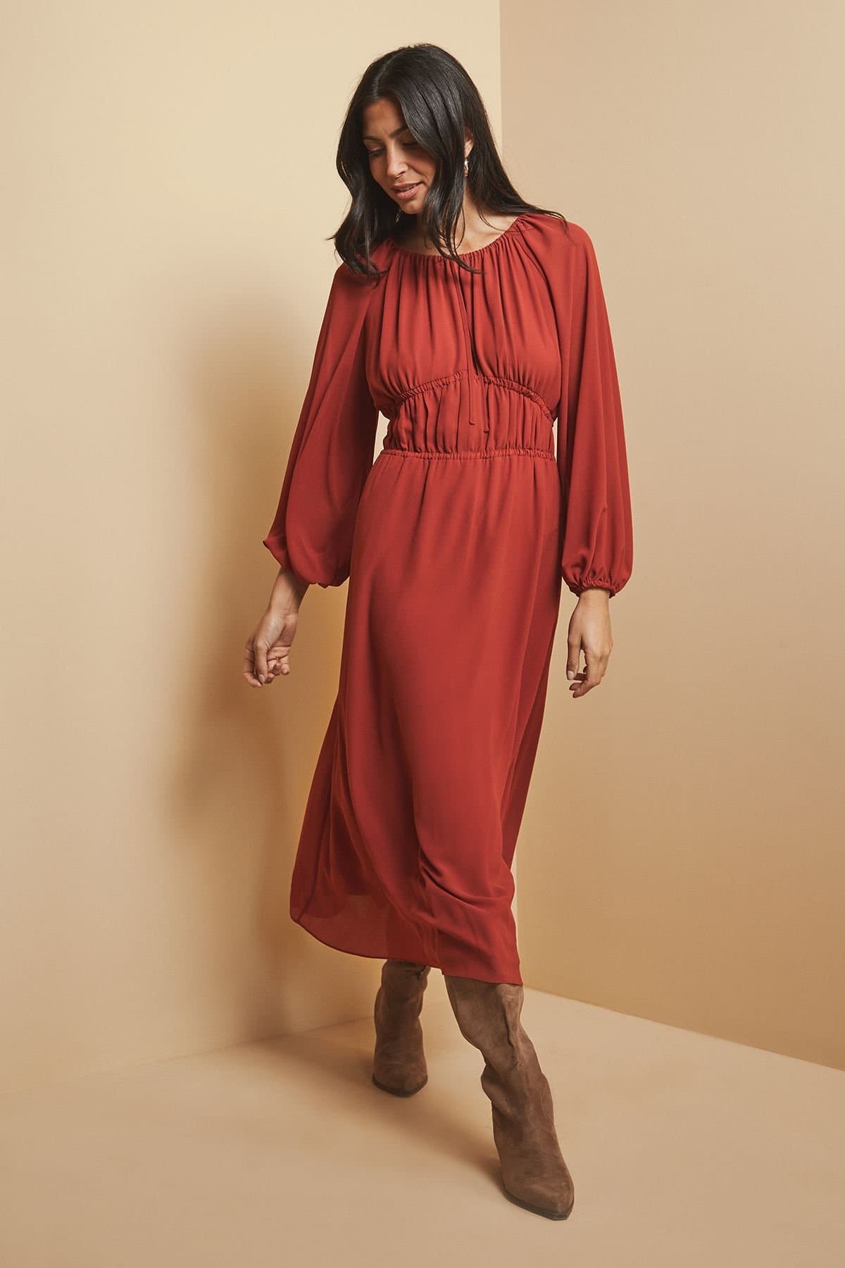 Wallis Wallis Women's Woven Tie Front Waist Detail Midi Dress in Rust