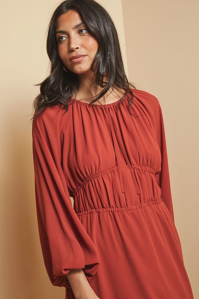 Wallis Wallis Women's Woven Tie Front Waist Detail Midi Dress in Rust - 3