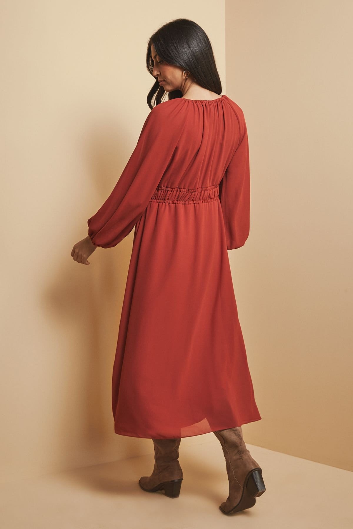 Wallis Wallis Women's Woven Tie Front Waist Detail Midi Dress in Rust - 4