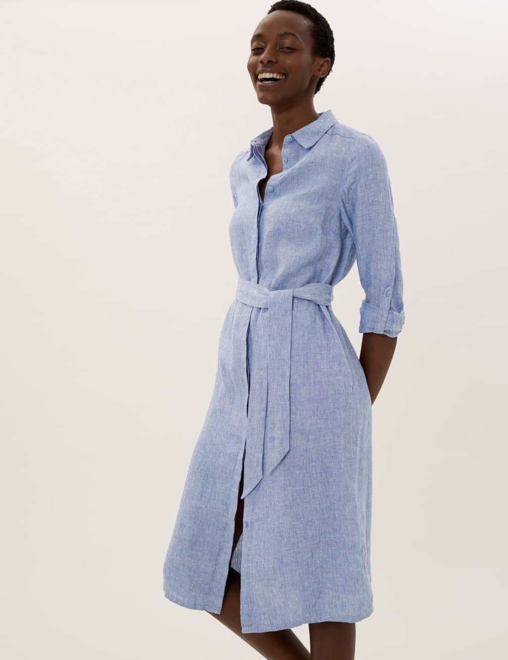 Marks & Spencer M&S Pure Linen Belted Midi Shirt Dress Chambray