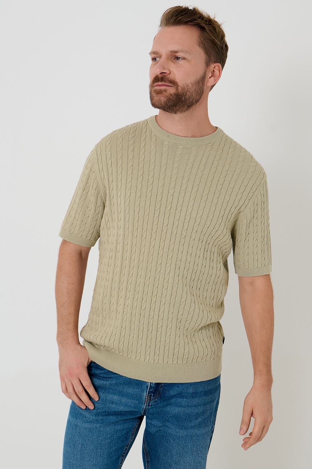 Saltwell Saltwell Men's Cable Knit Crew Neck T-Shirt in Stone