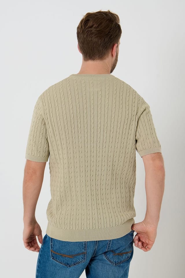 Saltwell Saltwell Men's Cable Knit Crew Neck T-Shirt in Stone - 2