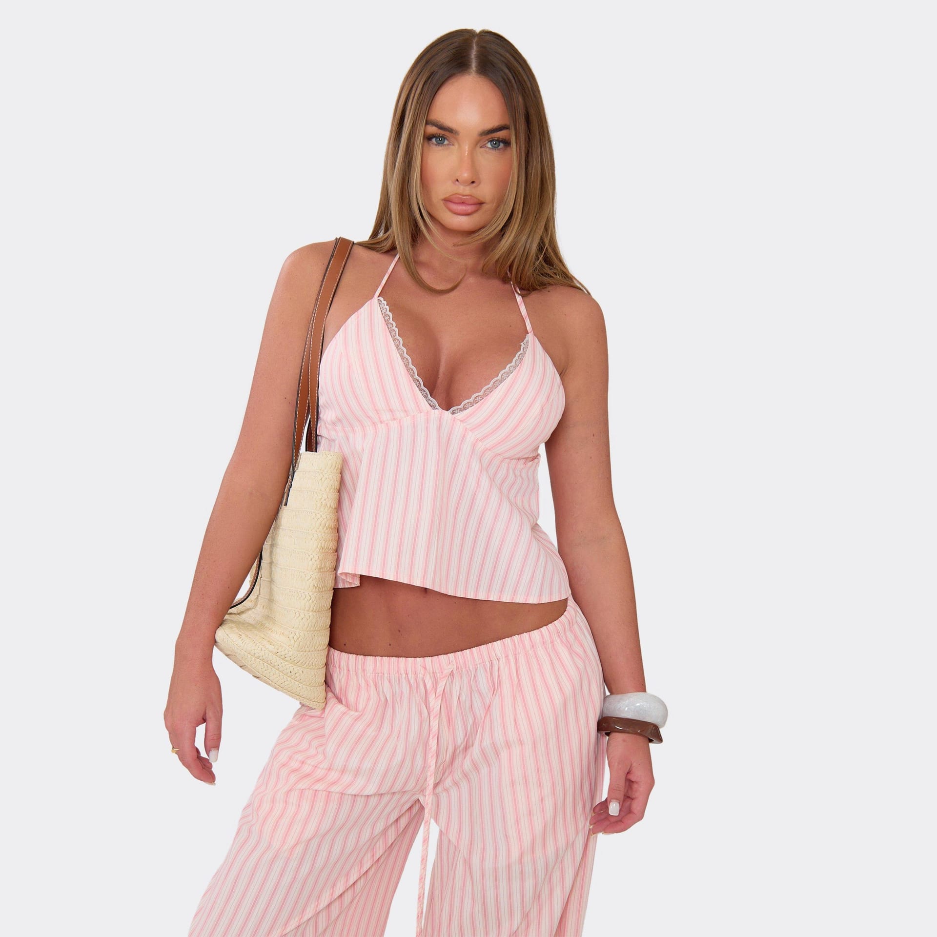 EGO Pink Pinstripe Woven Halterneck Top