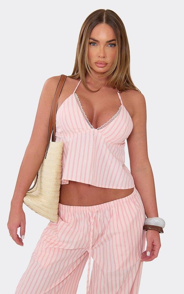 EGO Halterneck Plunge Front Lace Trim Top In Pink Pinstripe Woven, Women's Size UK 8 - 2