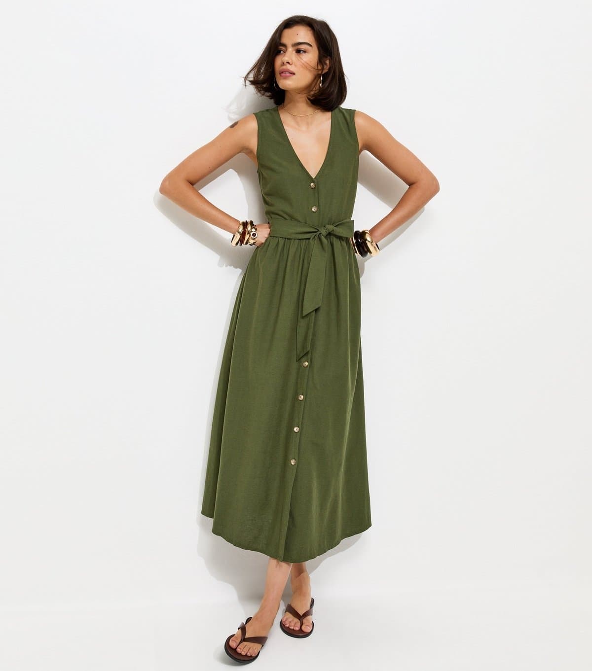 New Look Women's Dark Khaki Sleeveless Button Through Midi Dress New Look