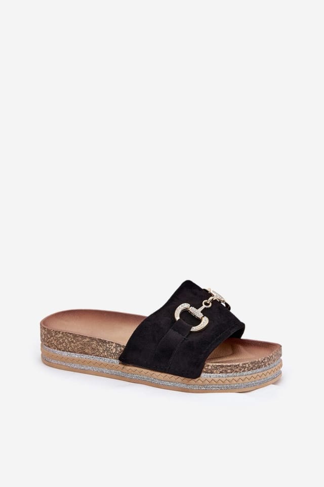 Love Lace Love Lace Women's Platform Suede Slip On Slippers with Gold Detail & Sequins in Black - 2