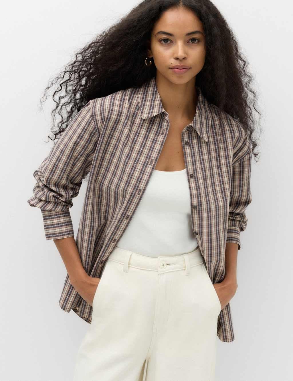 Marks & Spencer M&S Pure Cotton Checked Shirt Brown Mix