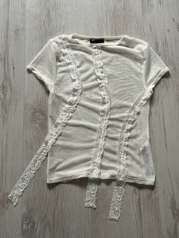 ASOS New Y2K White mesh lace trim top blouse tshirt asos design