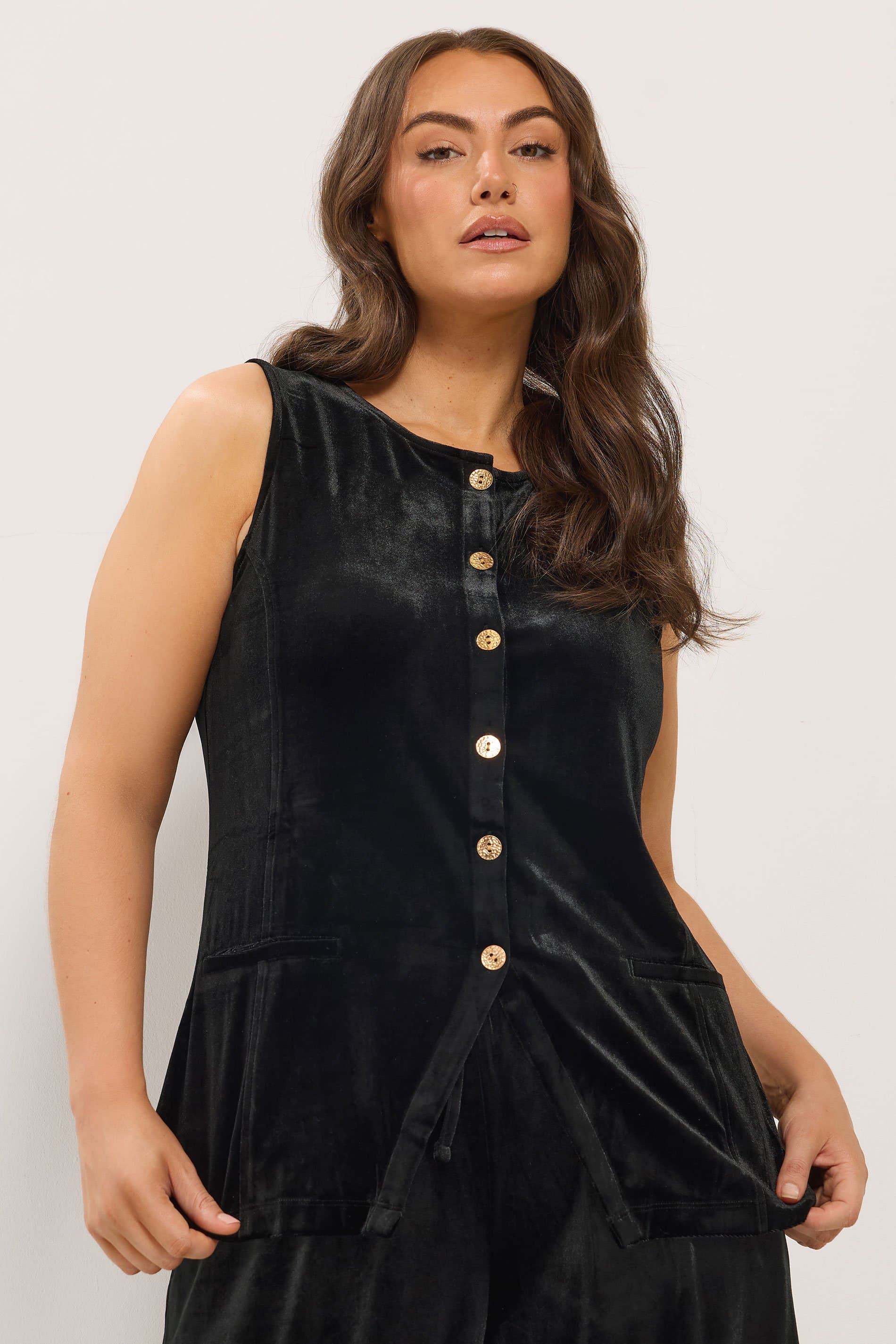 Yours Plus Size Black Velvet Longline Waistcoat