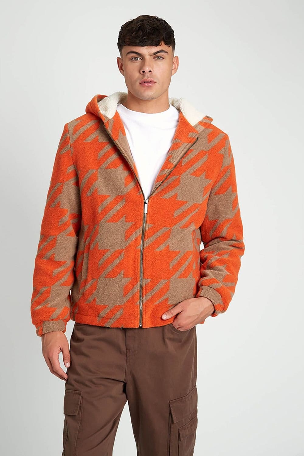 Native Youth Men's Borg Lined Houndstooth Zip Hooded Jacket in