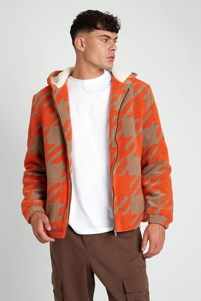 Native Youth Native Youth Men's Borg Lined Houndstooth Zip Hooded Jacket in Orange - 3
