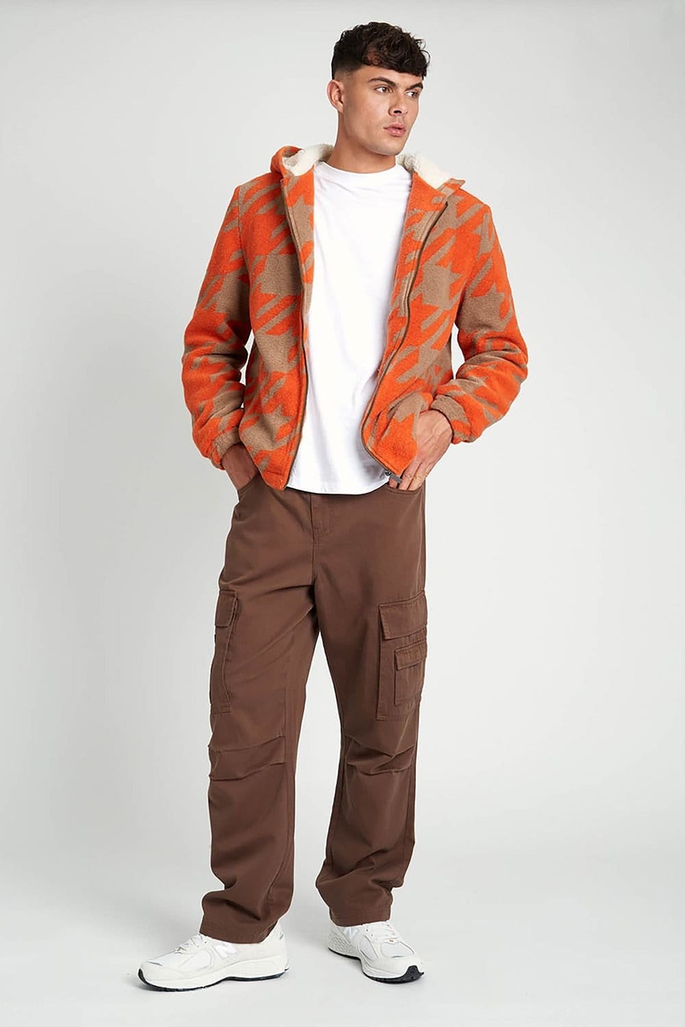 Native Youth Native Youth Men's Borg Lined Houndstooth Zip Hooded Jacket in Orange - 4