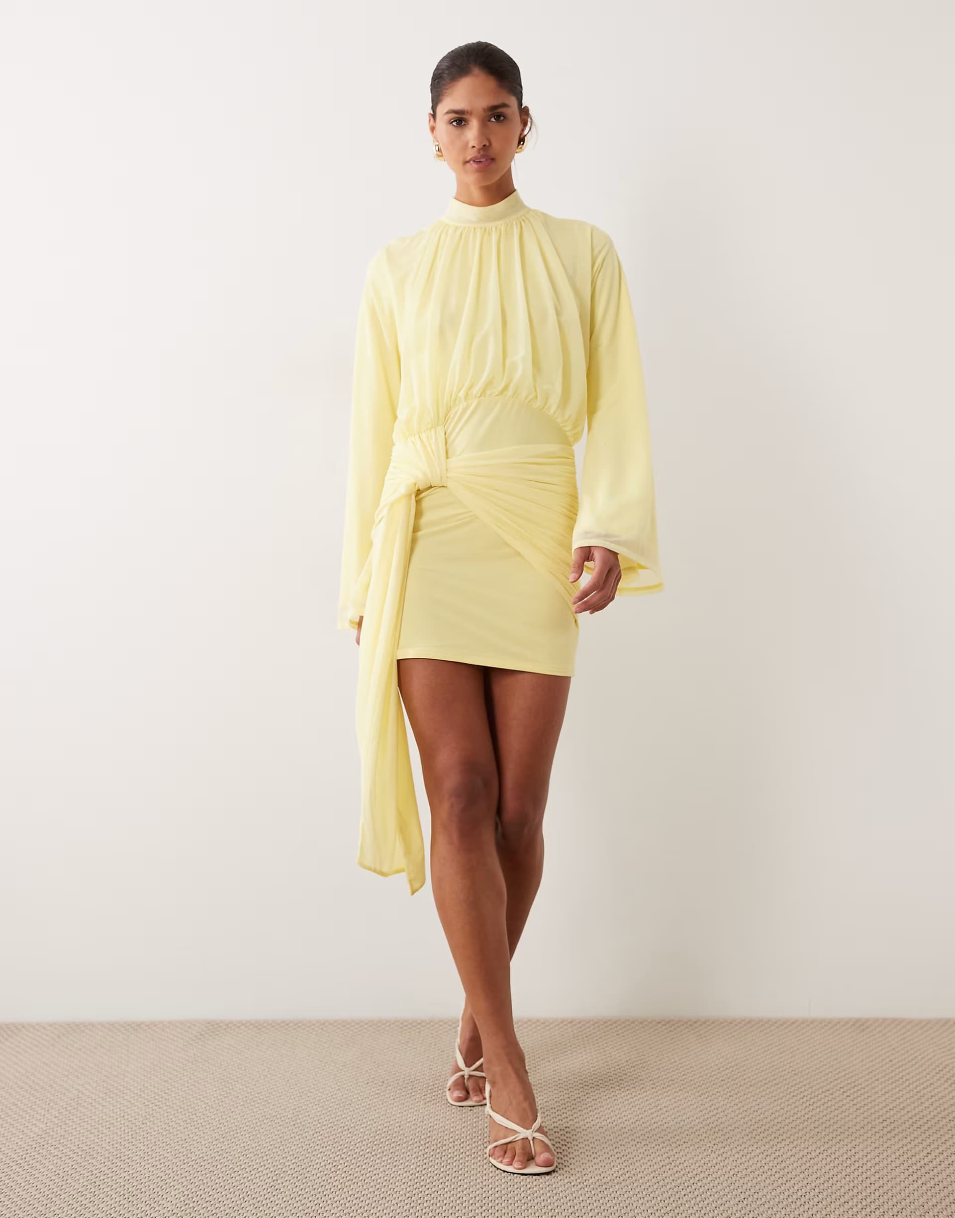 ASOS ASOS DESIGN stretch chiffon high neck  blouson mini dress  in lemon