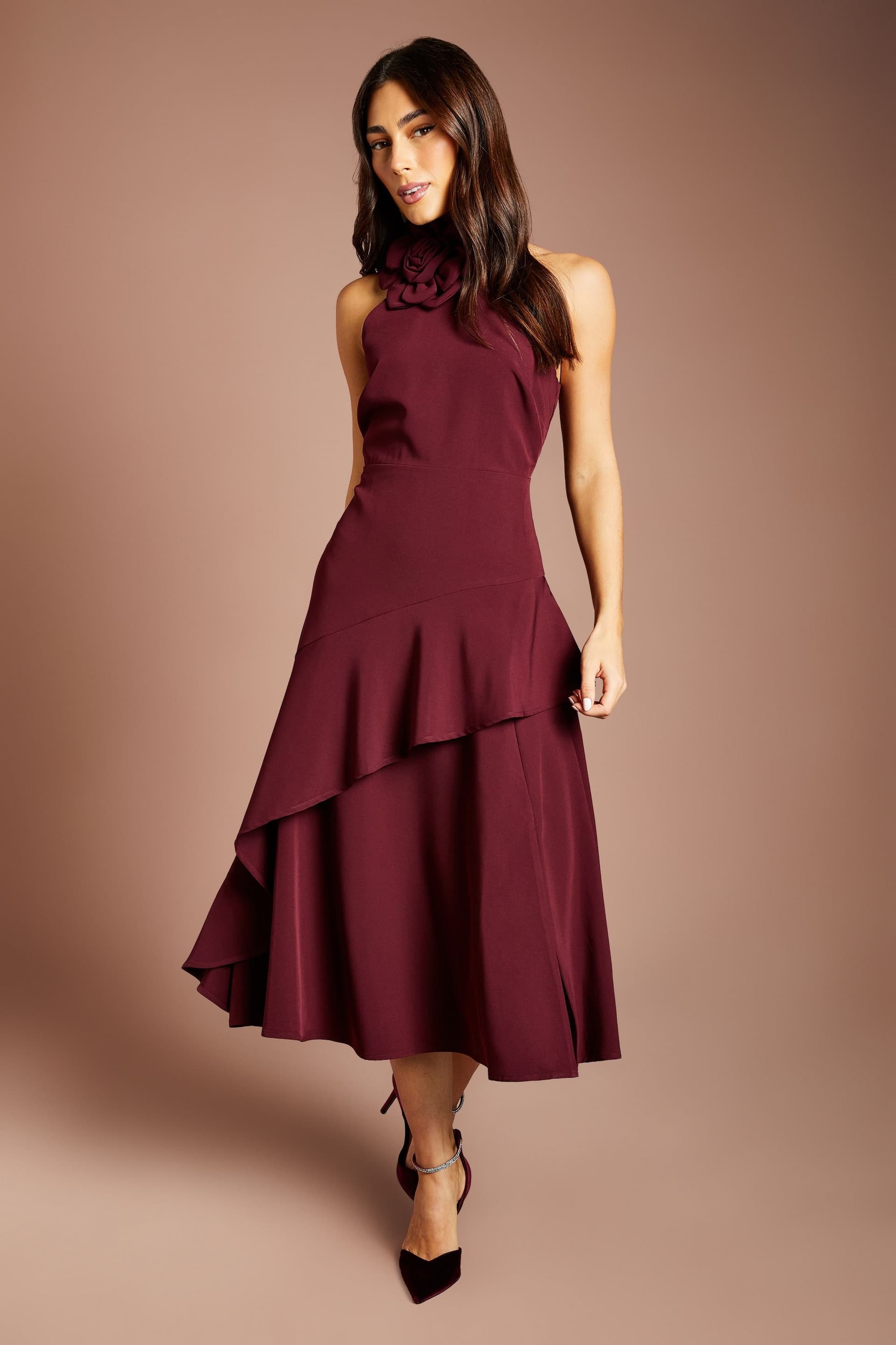 Coast Coast Women's Petite High Neck Corsage Detail Midi Dress in Oxblood