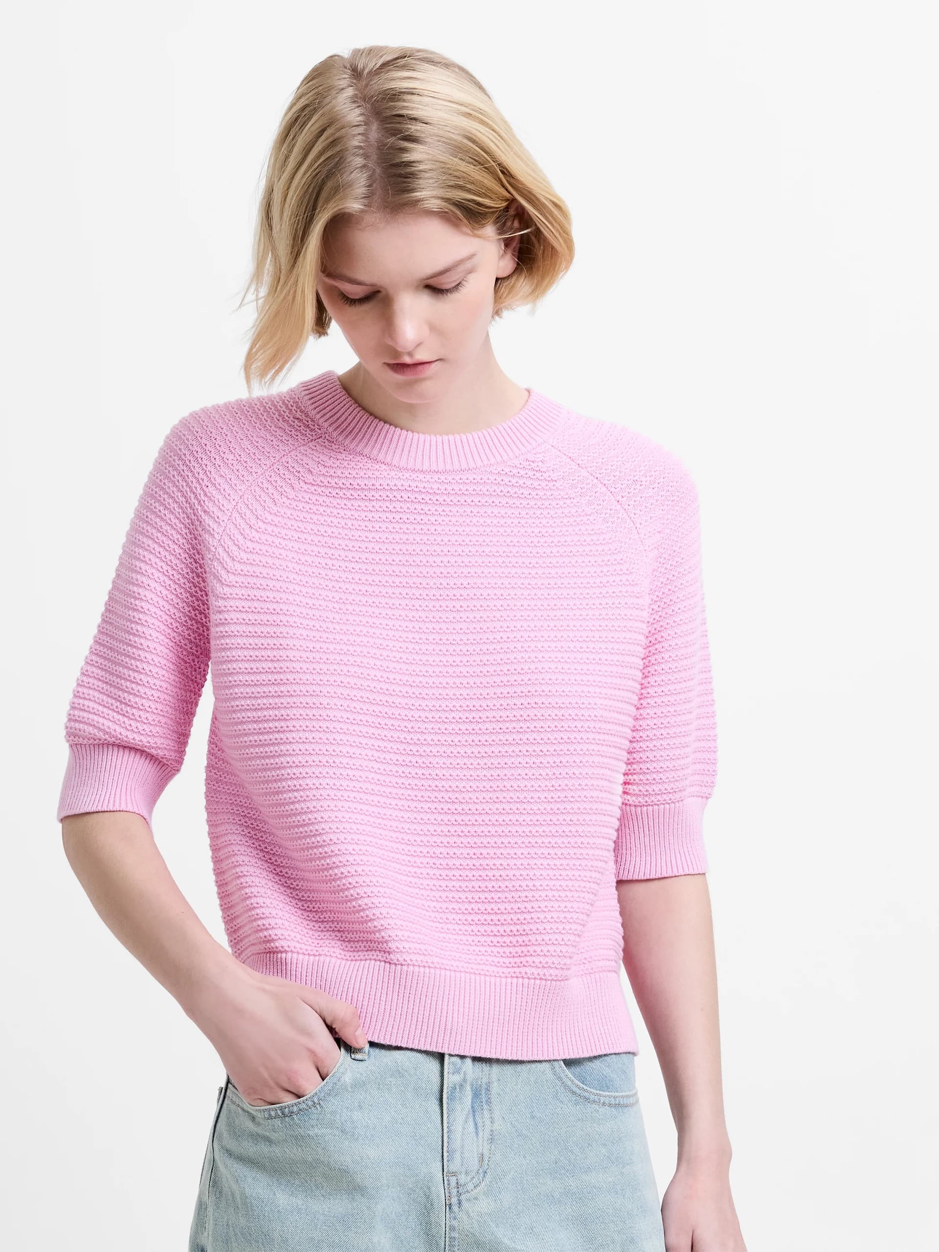 French Connection Lily Mozart Purl Knit Short Sleeve Jumper Light French Pink