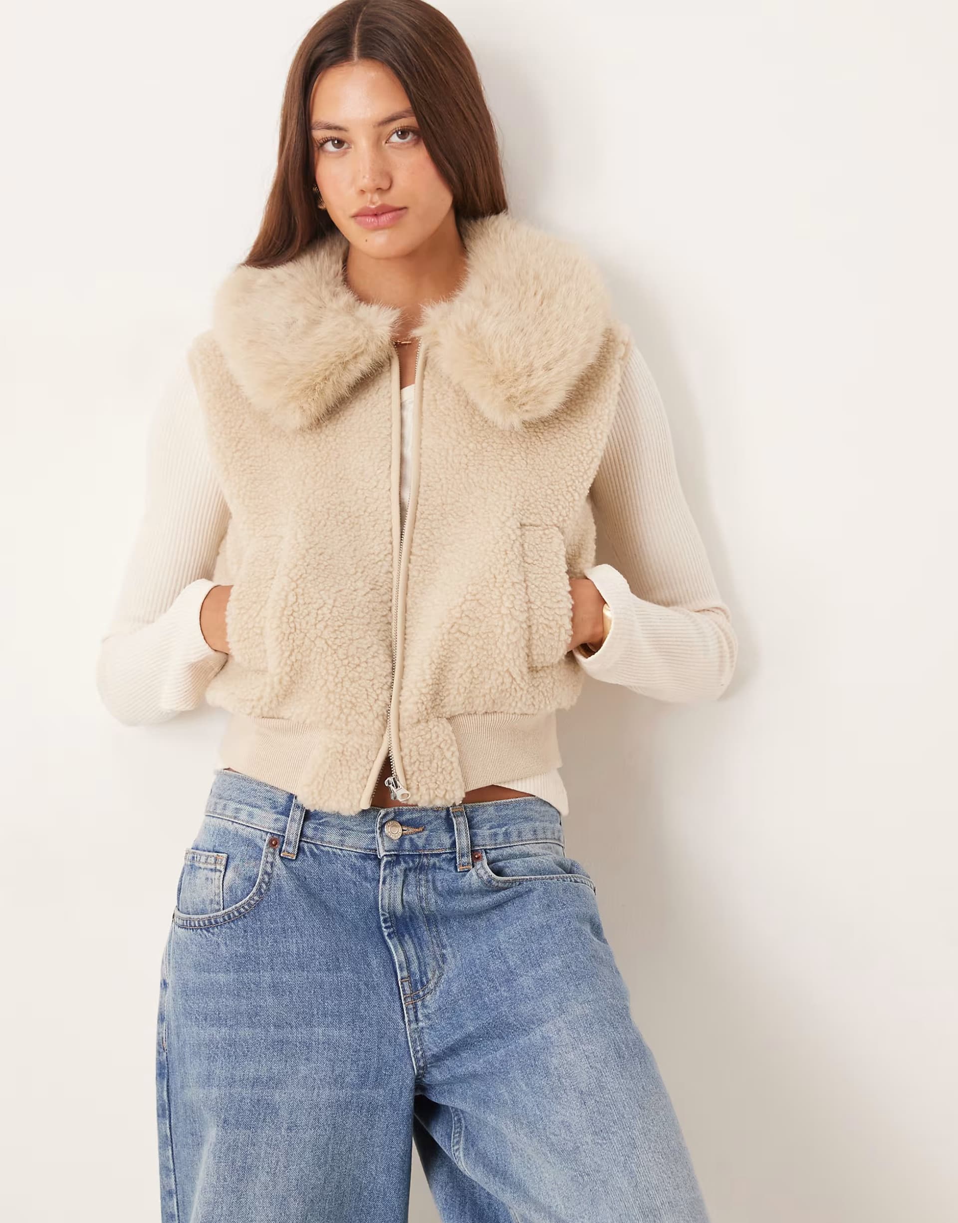ASOS ASOS DESIGN borg fleece gilet with faux fur collar