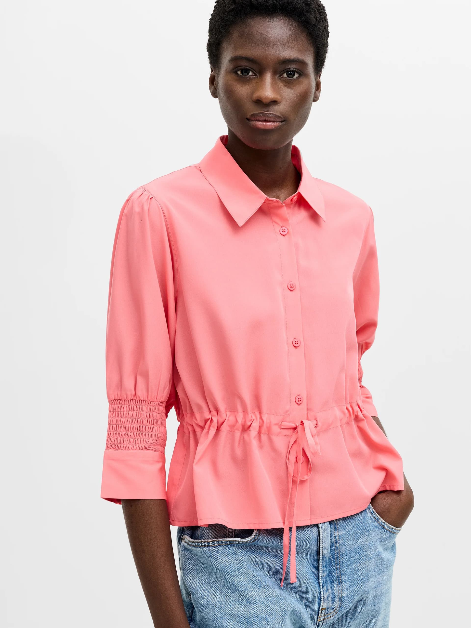 French Connection Crepe Light Collared Tie Waist Top Raspberry Pink