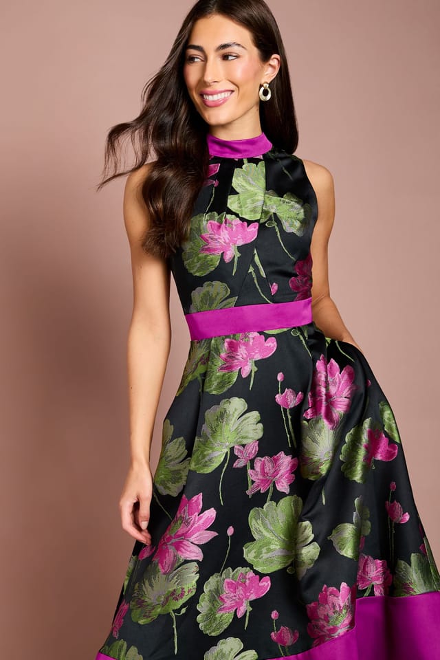Coast Coast Women's Jacquard Sleeveless Midi Dress With Satin Waistband in Green - 2