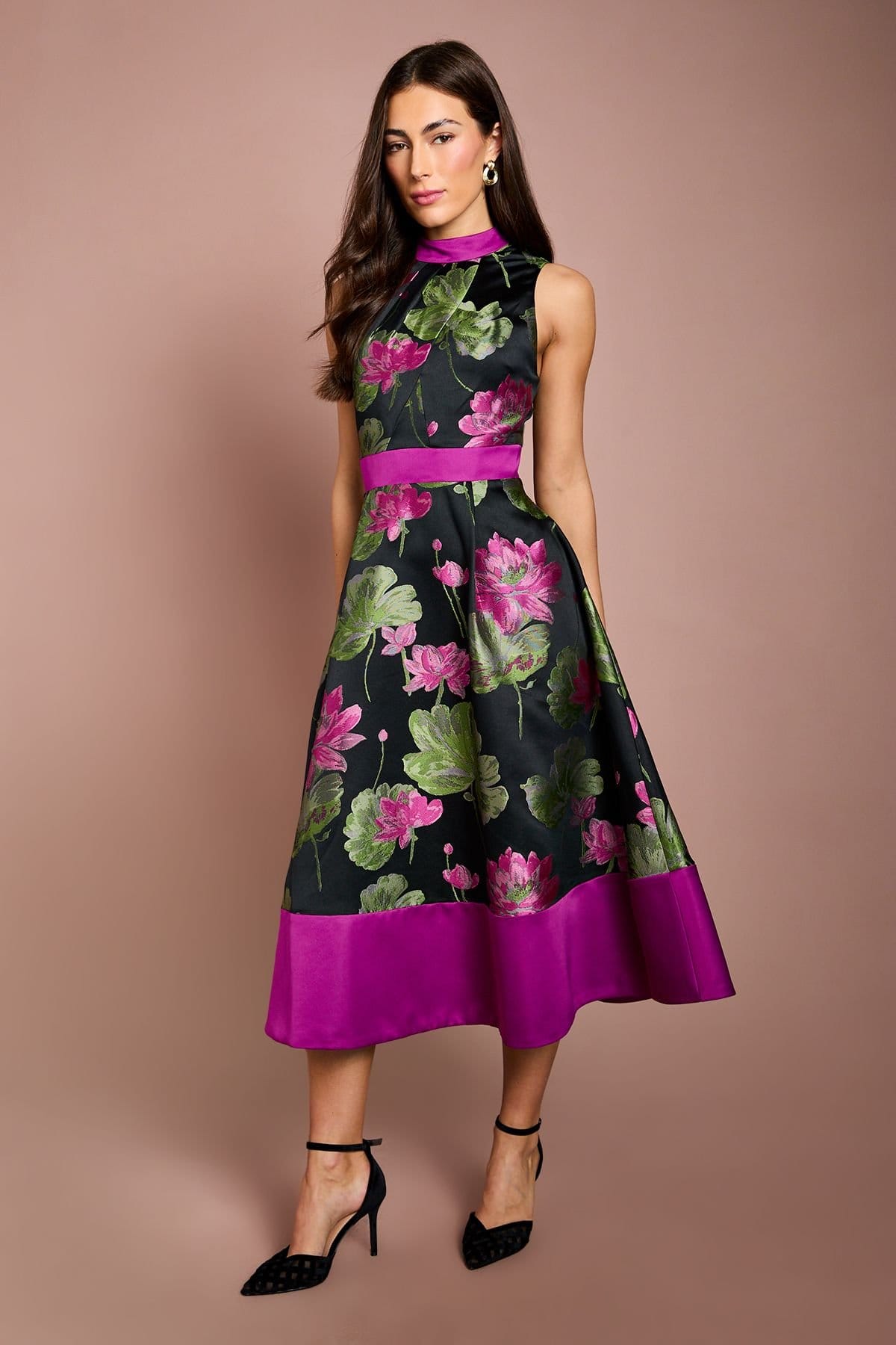 Coast Coast Women's Jacquard Sleeveless Midi Dress With Satin Waistband in Green - 4