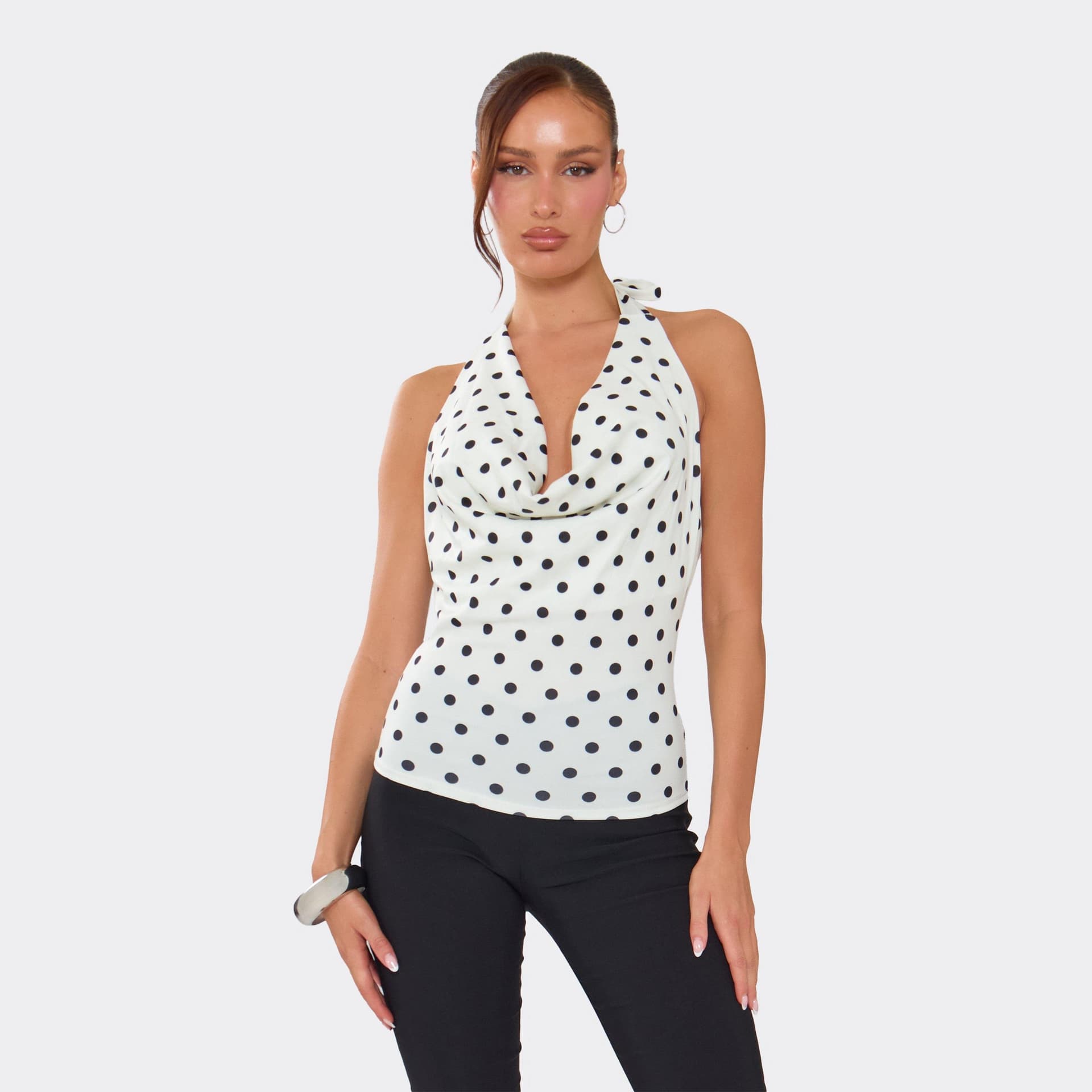 EGO Halter Cowl Neck Top In White Polka Dot, Women's Size UK L