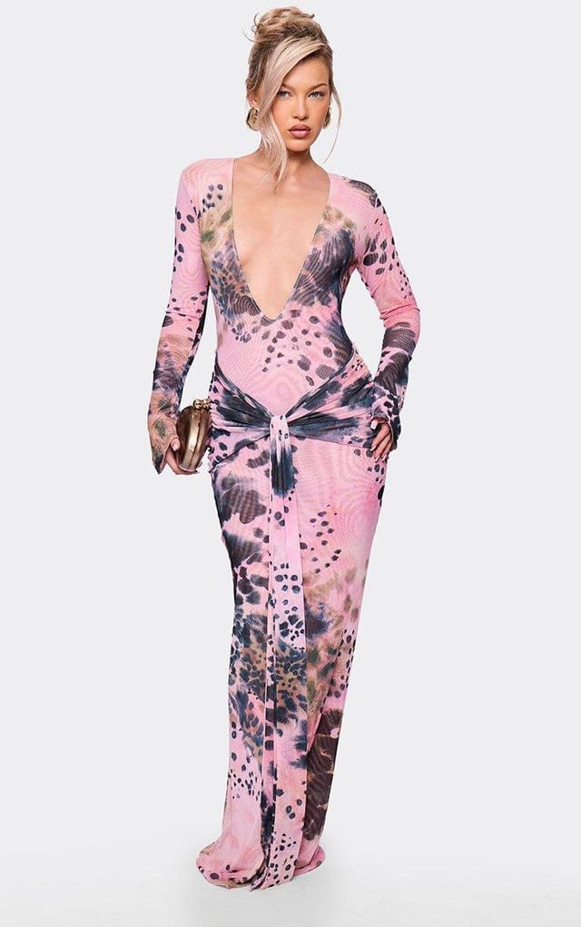 EGO Long Sleeve Plunge Neck Tie Front Maxi Dress In Pink Abstract Print, Women's Size UK 6 - 2