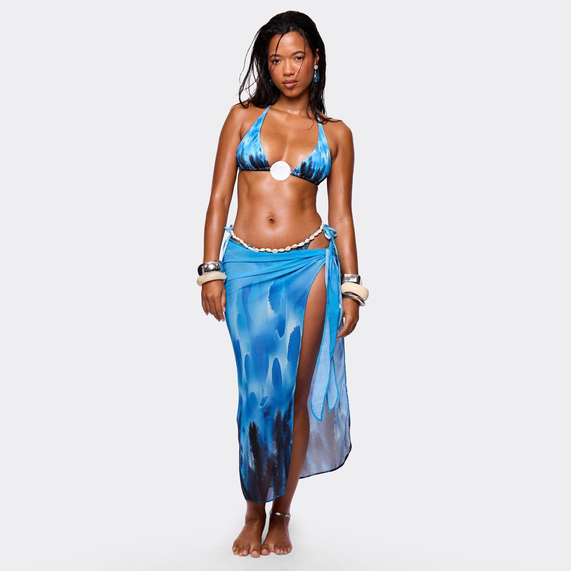 EGO Tie Side Sarong Skirt In Blue Tie Dye Print, Women's Size UK L