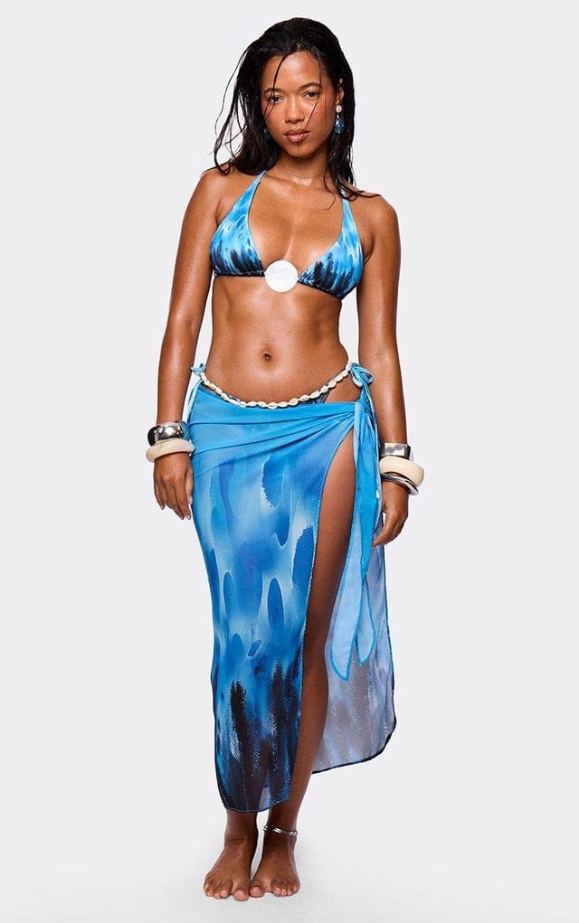 EGO Tie Side Sarong Skirt In Blue Tie Dye Print, Women's Size UK L - 2