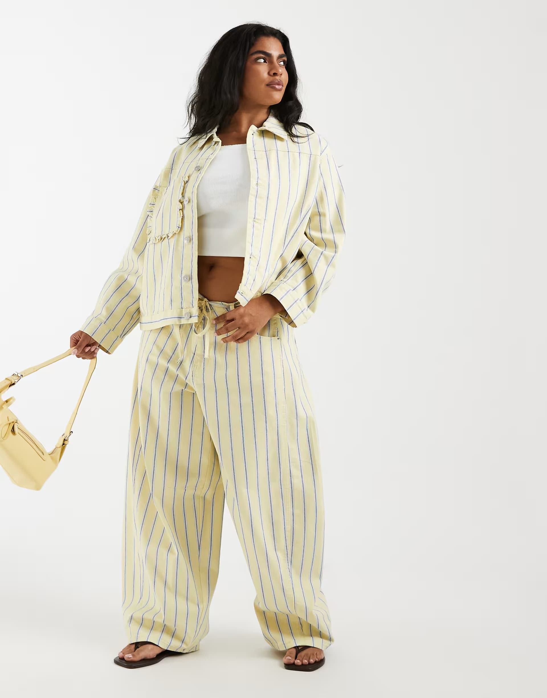 ASOS Pieces Curve barrel jean co-ord in yellow and blue stripe