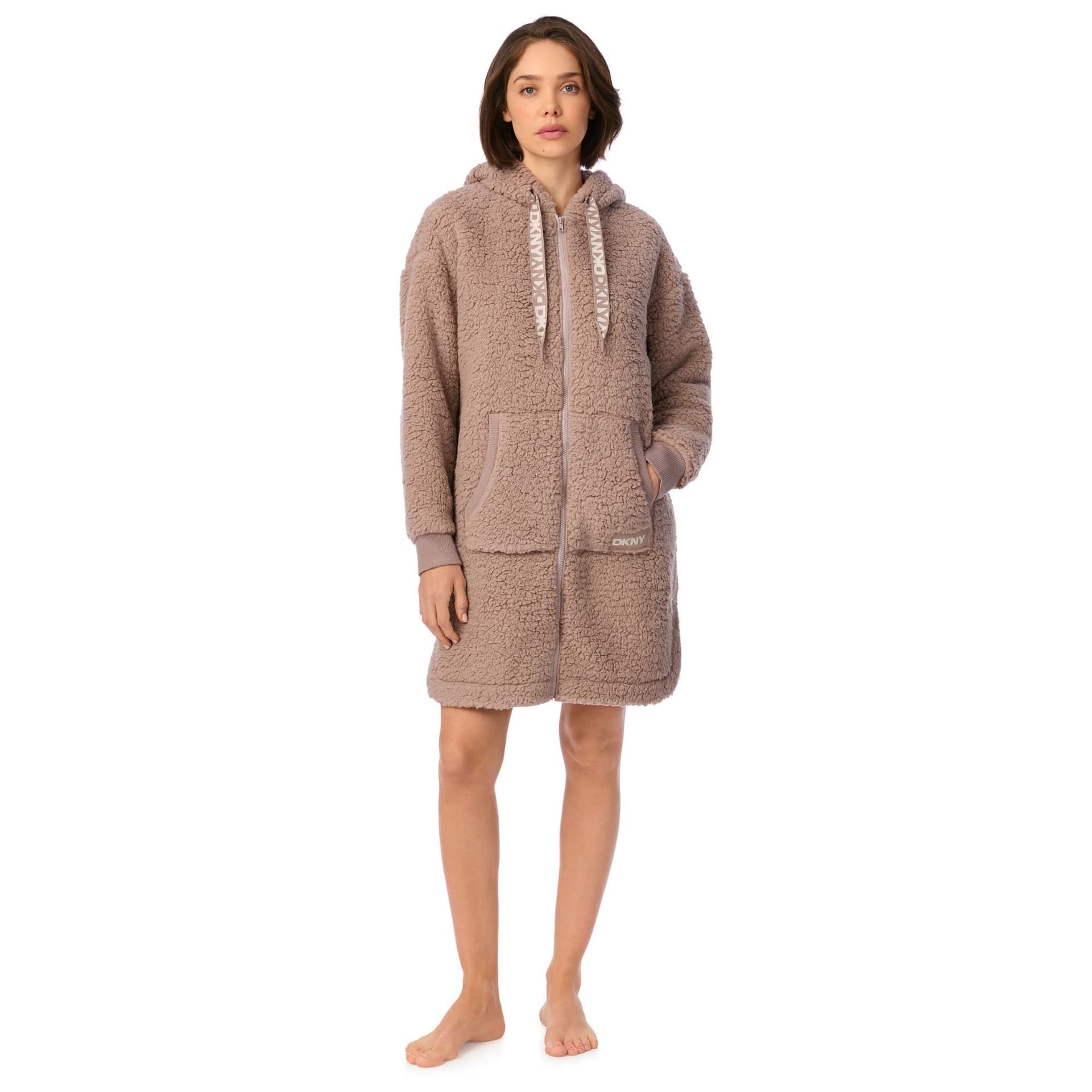 DKNY DKNY Women's 91.5cm Long Sleeve Hooded Zip Robe in City Stone Sherpa in Tan