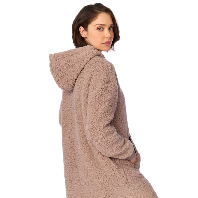 DKNY DKNY Women's 91.5cm Long Sleeve Hooded Zip Robe in City Stone Sherpa in Tan - 3