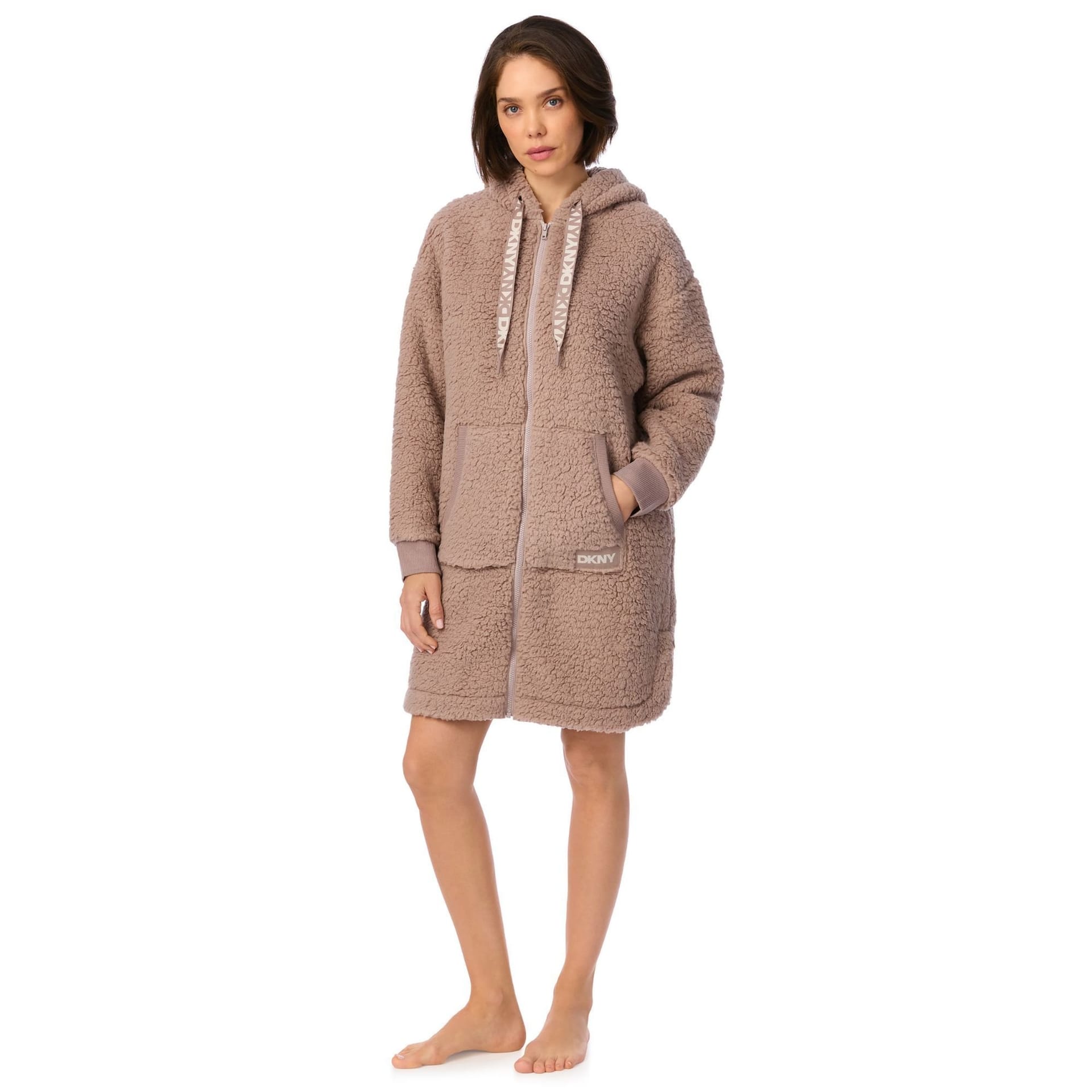 DKNY DKNY Women's 91.5cm Long Sleeve Hooded Zip Robe in City Stone Sherpa in Tan - 4