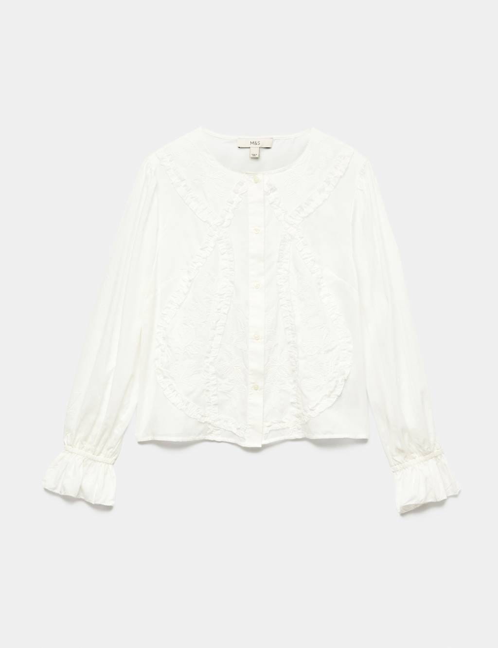 M&S Soft White Cotton Rich Embroidered Ruffle Blouse