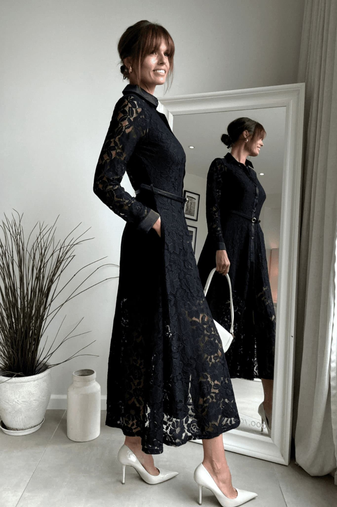 Style Cheat Style Cheat Women's Daphne Black Lace Belted Shirt Dress