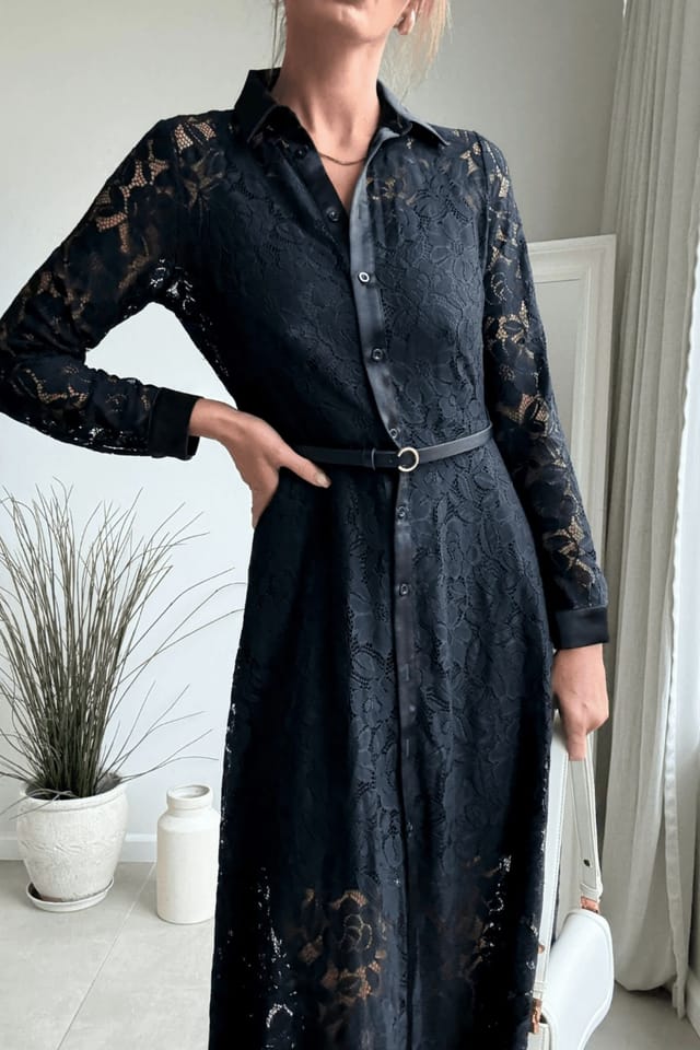 Style Cheat Style Cheat Women's Daphne Black Lace Belted Shirt Dress - 2
