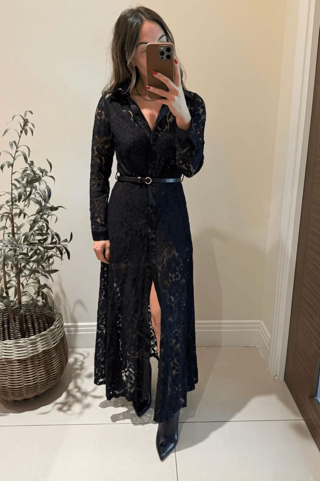 Style Cheat Style Cheat Women's Daphne Black Lace Belted Shirt Dress - 3