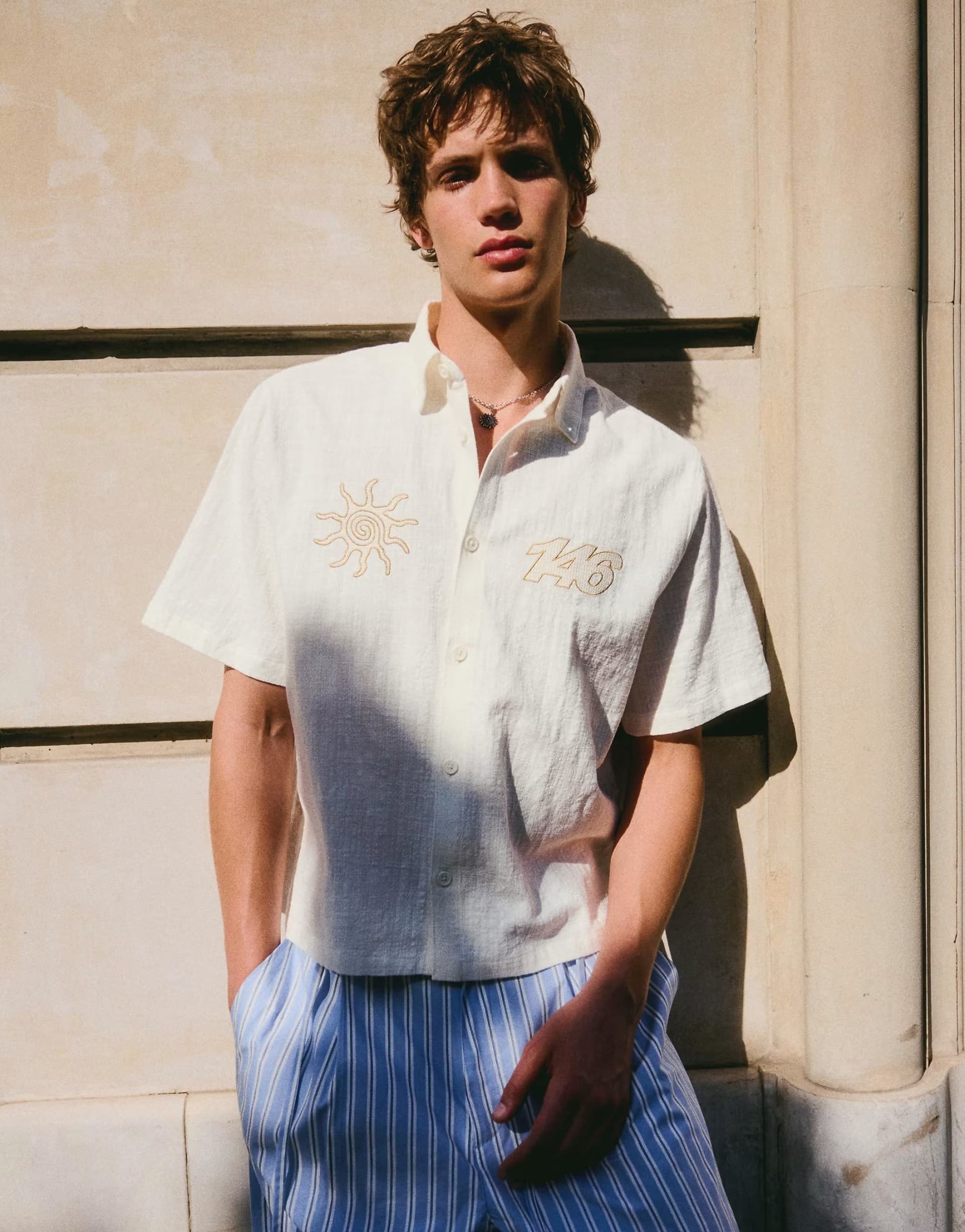ASOS Bershka Embroidered boxy fit short sleeve shirt in white
