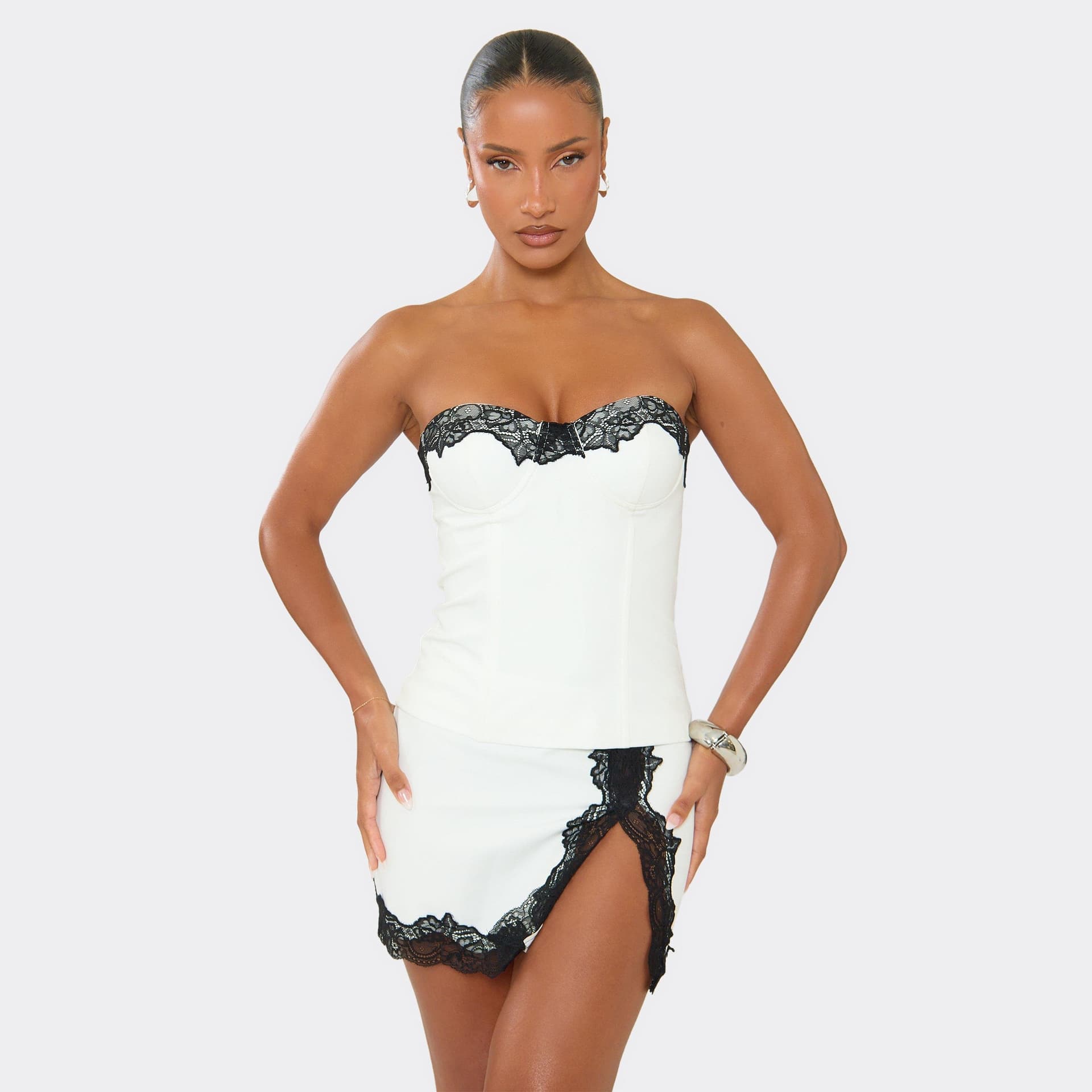 EGO Bandeau Contrast Lace Trim Corset Top In White Satin, Women's Size UK 8