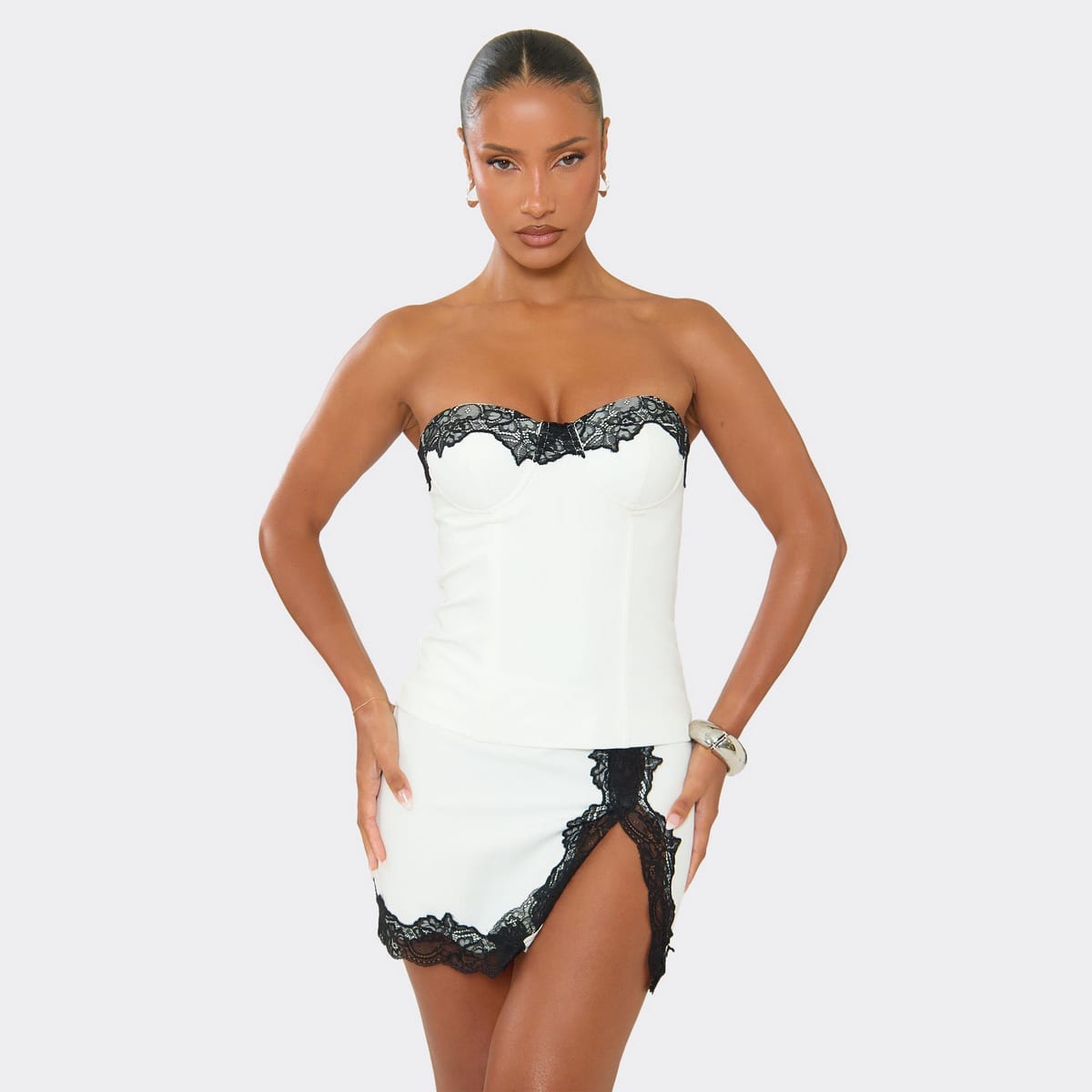 EGO Bandeau Contrast Lace Trim Corset Top In White Satin, Women's Size UK 8 - 1