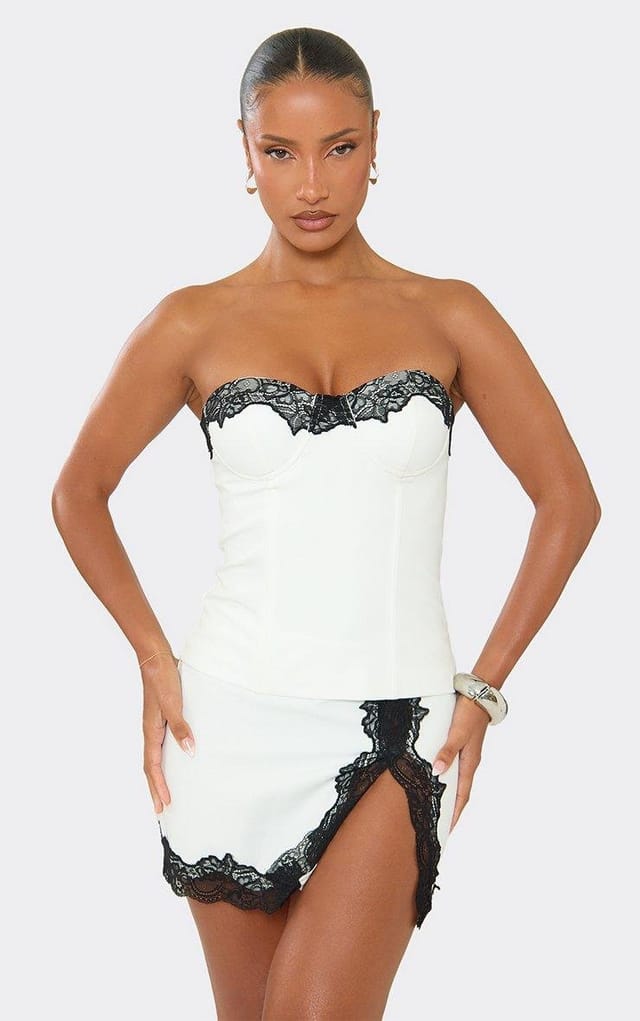 EGO Bandeau Contrast Lace Trim Corset Top In White Satin, Women's Size UK 8 - 2