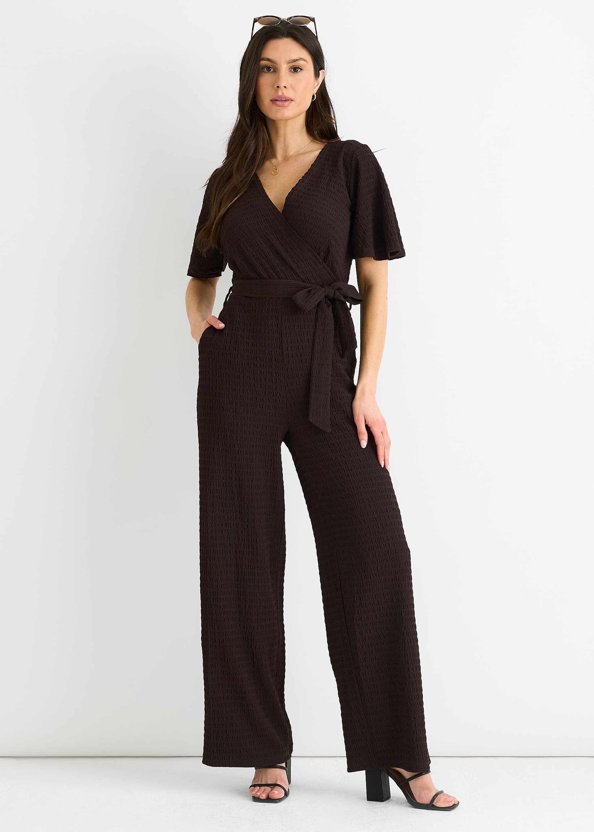 Gini London Gini London Women's Chocolate Textured Jersey Wrap Wide Leg Jumpsuit