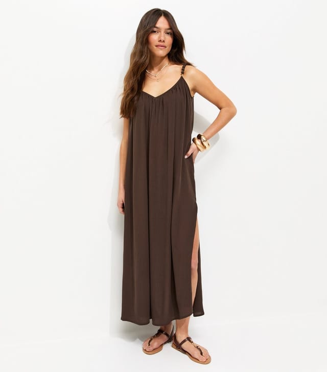 New Look Women's Petite Dark Brown Covered Beaded Strap Beach Maxi Dress New Look - 3