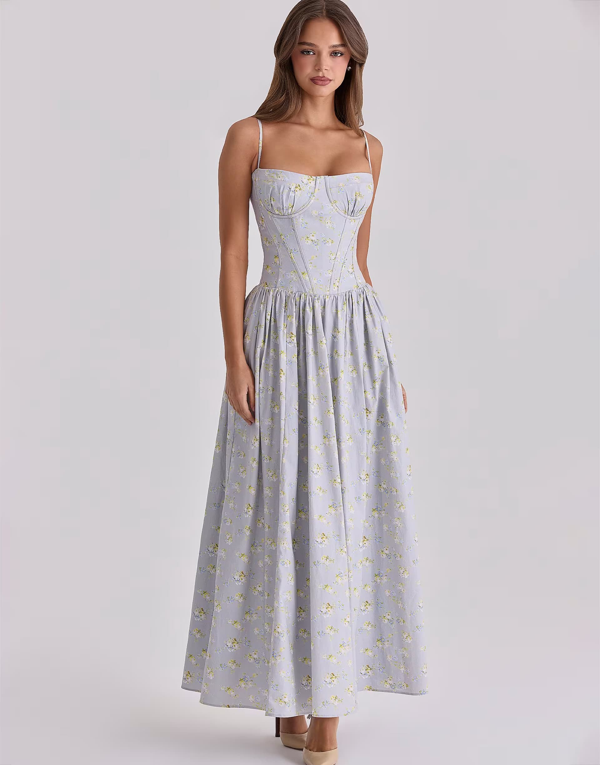 ASOS House of CB Rona blue wildflower print cotton lace up maxi dress in blue wildflower print